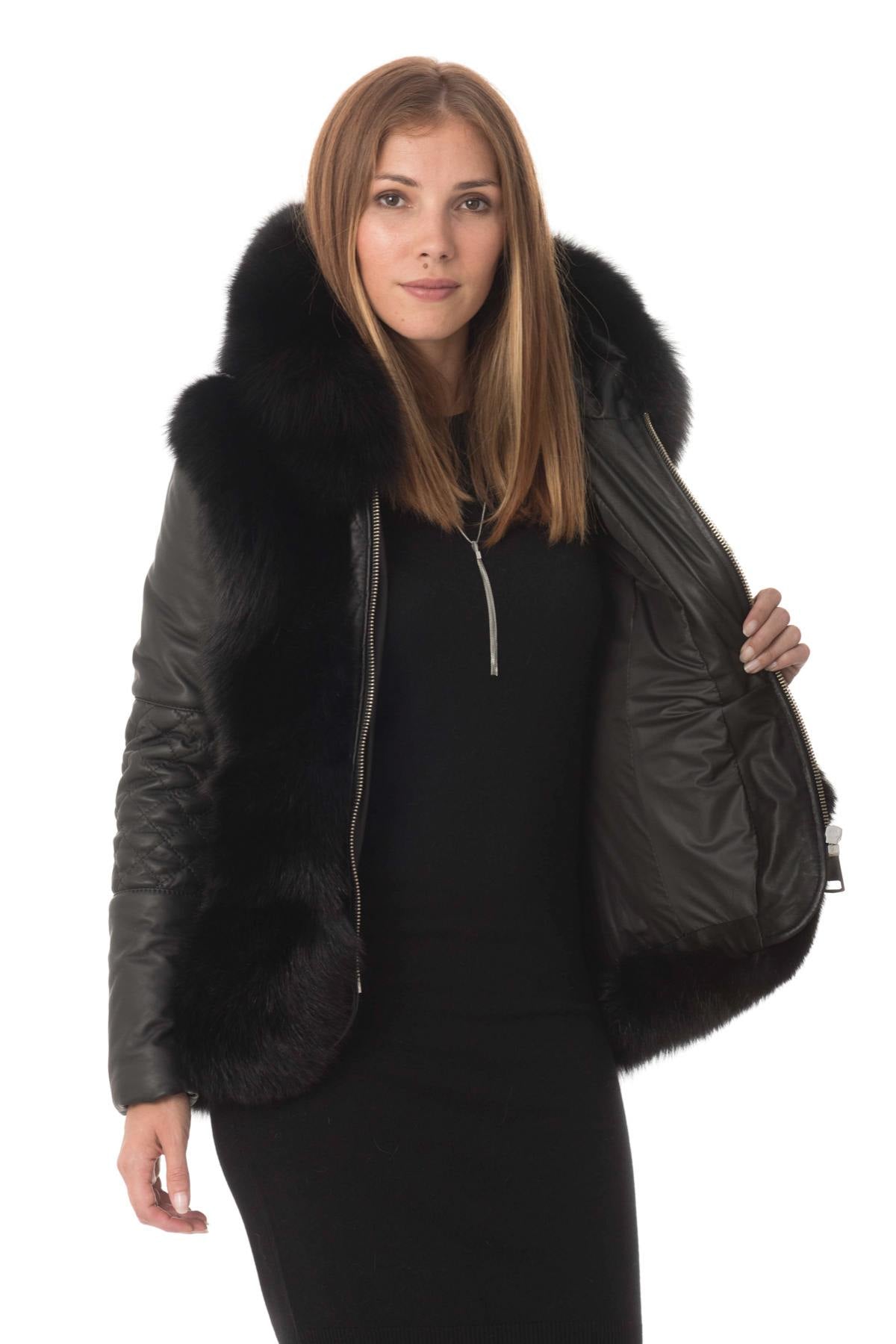 Sheepskin leather jacket with fox fur - Image n°6