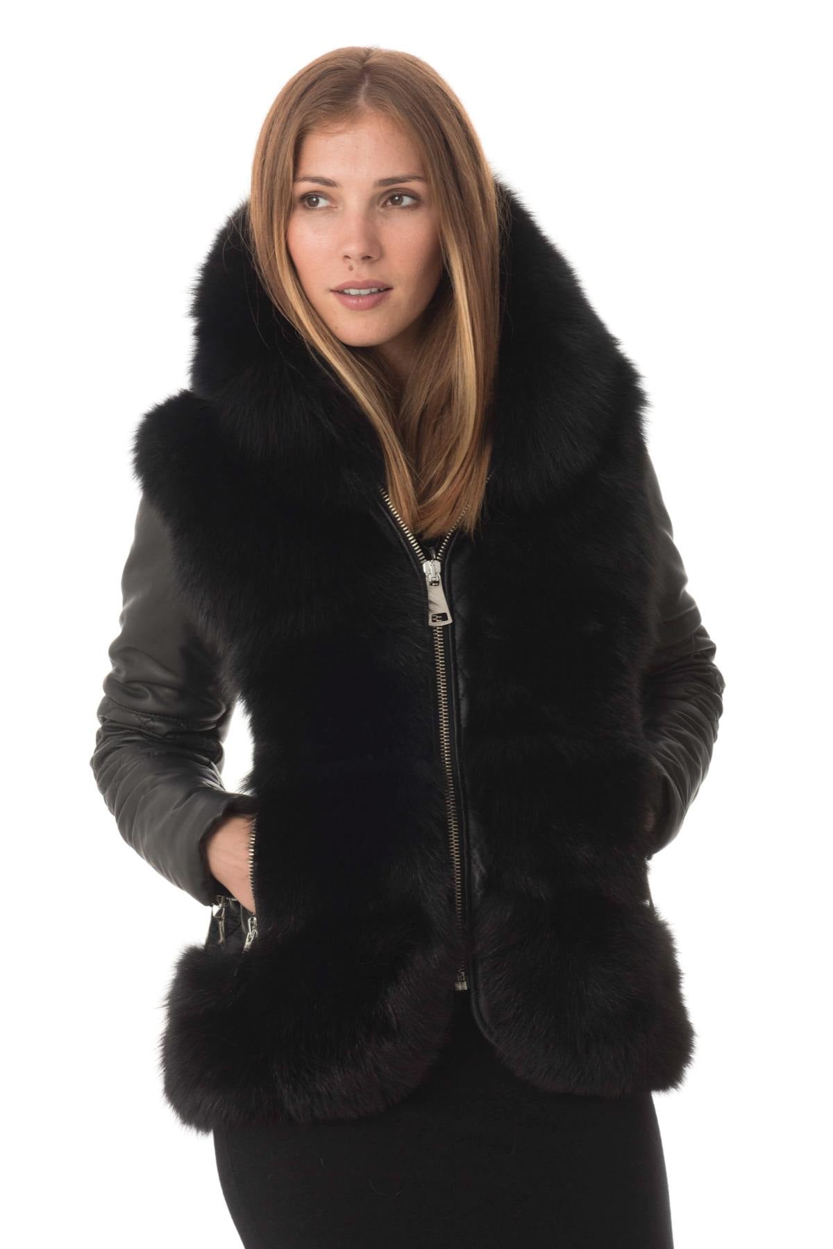 Sheepskin leather jacket with fox fur - Image n°1