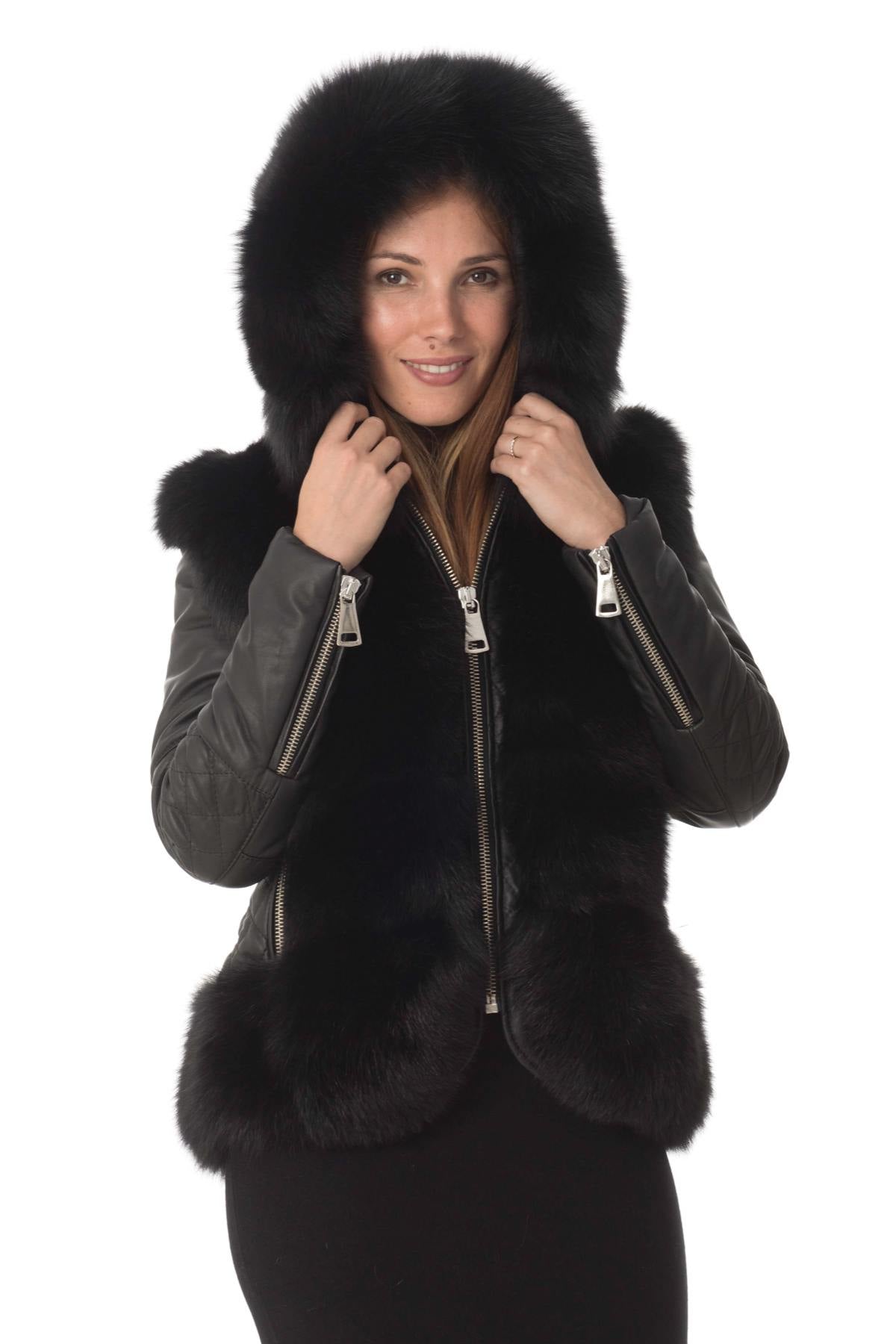 Sheepskin leather jacket with fox fur - Image n°5