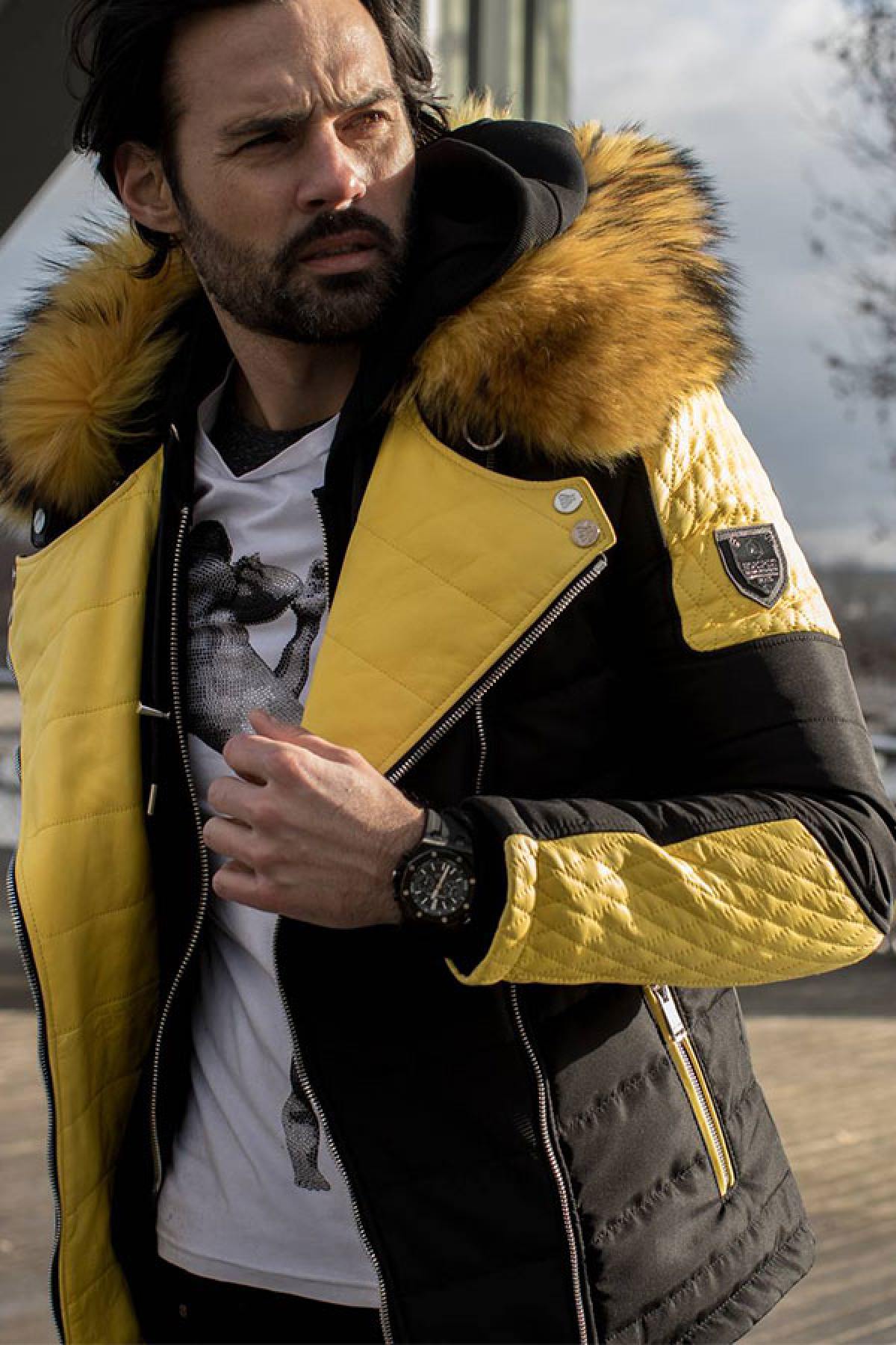 Horspist yellow and black down jacket with yellow fur - Image n°4