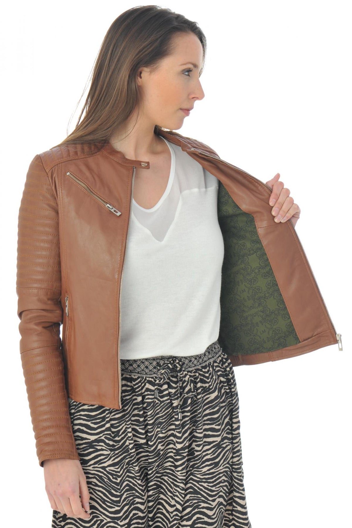 Leather jacket with biker collar for women - Image n°7