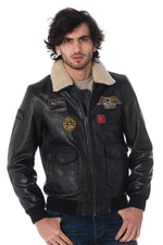 Patched leather bomber jacket - Image n°1