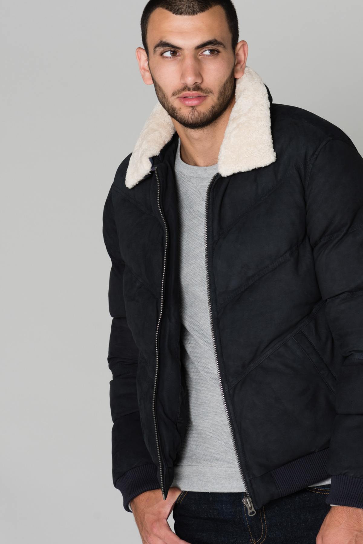 Navy blue leather jacket - Image n°4