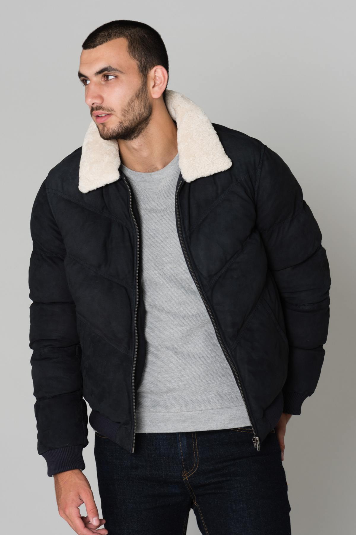 Navy blue leather jacket - Image n°1