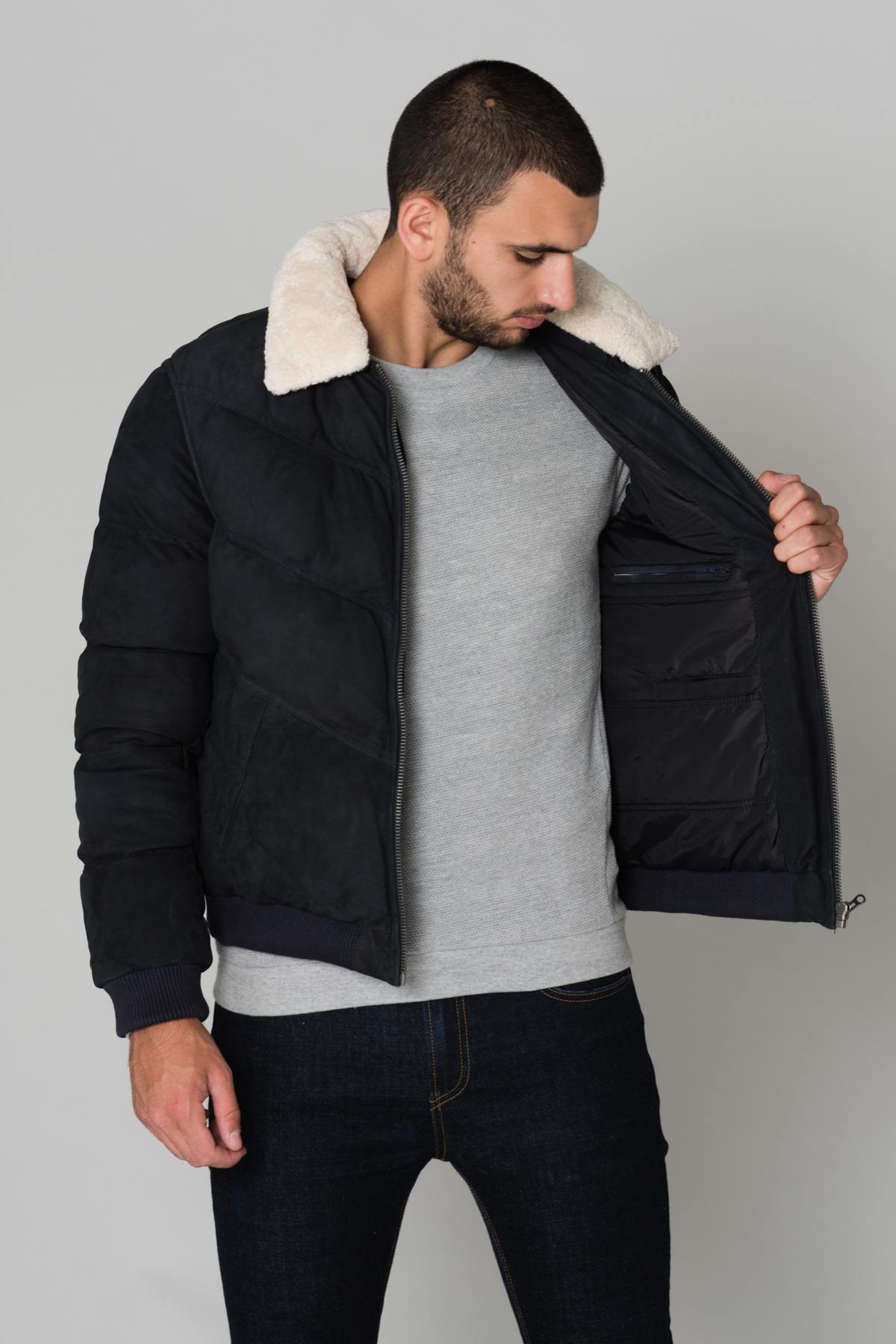 Navy blue leather jacket - Image n°5