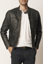 Men's black distressed leather jacket - Image n°1