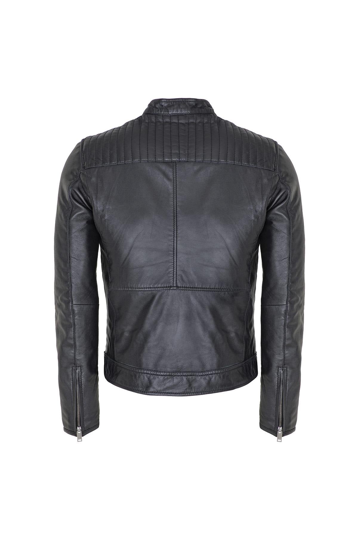 Men's black leather jacket with snap collar - Image n°4