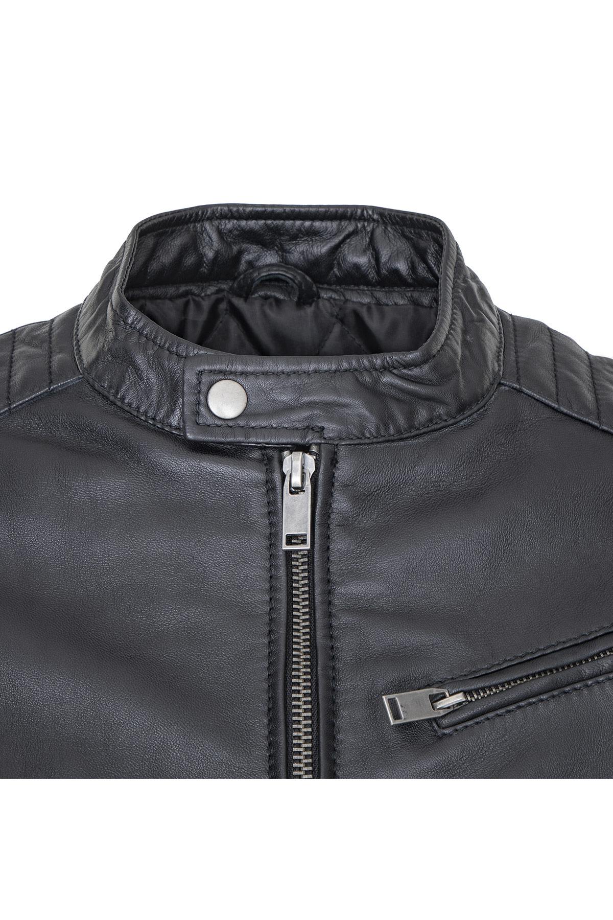 Men's black leather jacket with snap collar - Image n°5