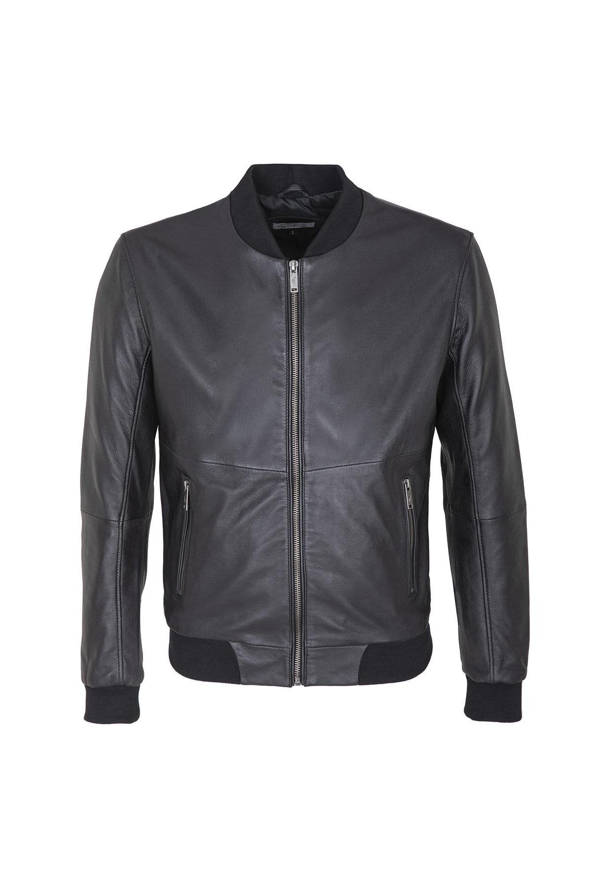 Men's black leather bomber jacket - Image n°1