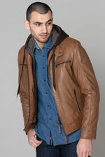 Leather jacket with hood and facing - Image n°4