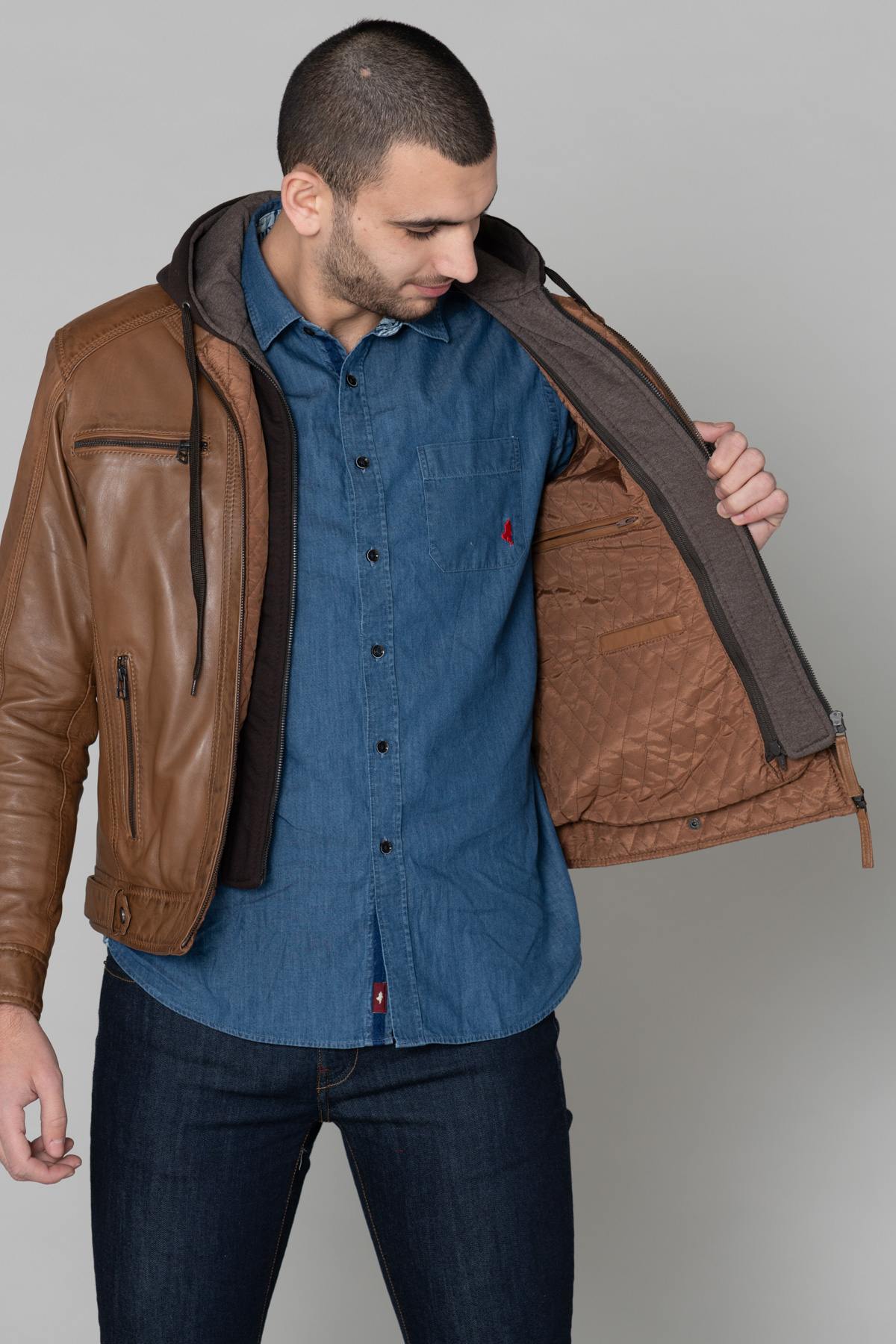 Leather jacket with hood and facing - Image n°5