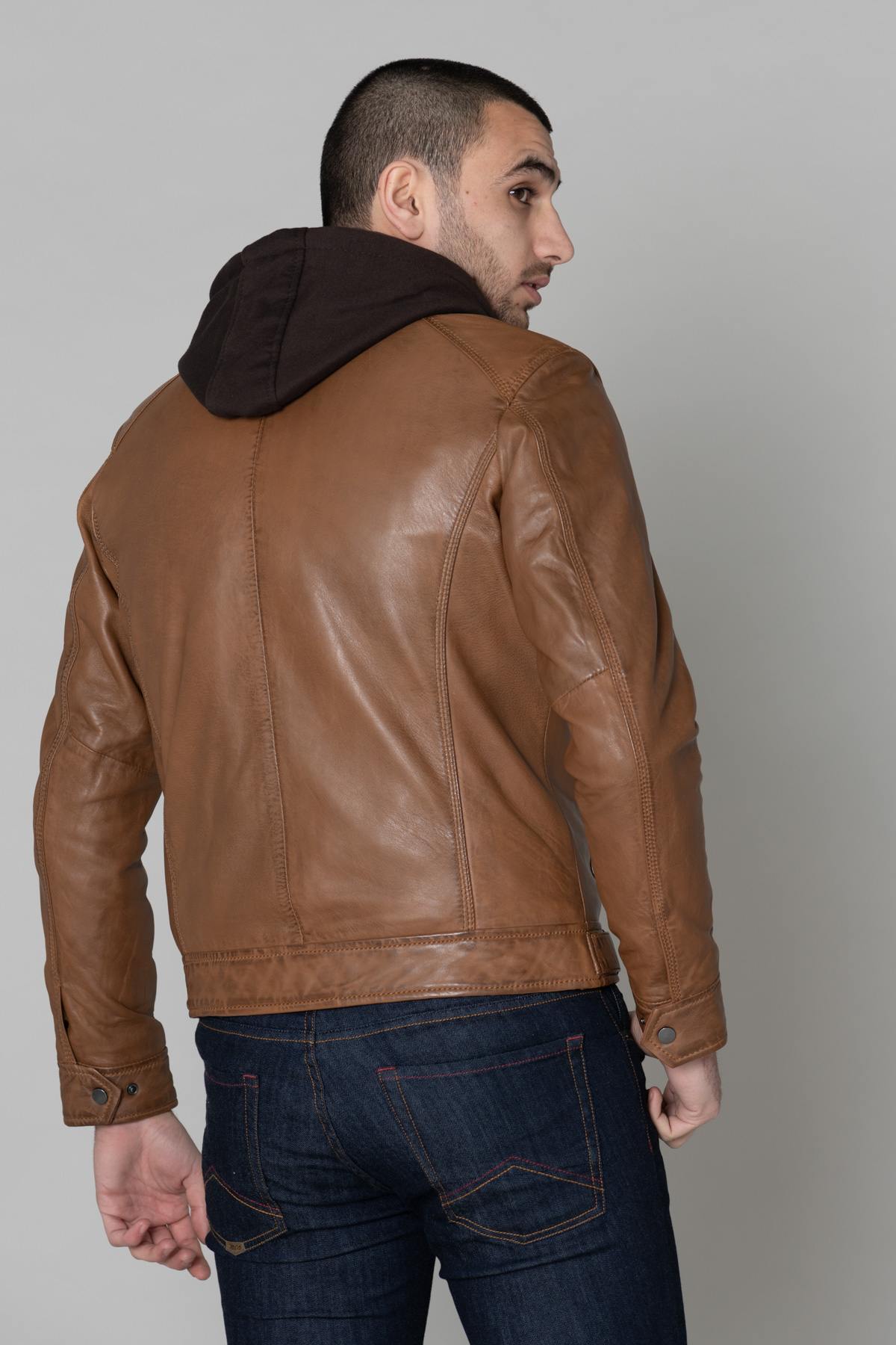Leather jacket with hood and facing - Image n°6