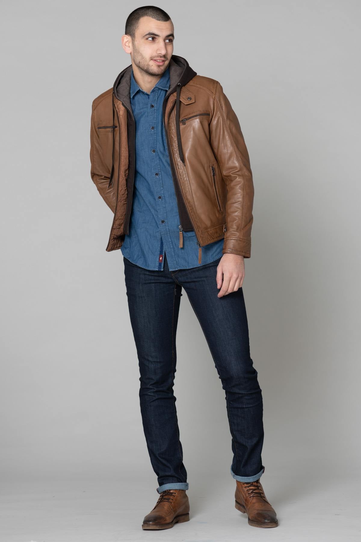 Leather jacket with hood and facing - Image n°2