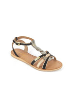 Women's strappy sandals in black and gold leather - Image n°1