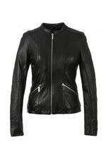Women's black leather jacket with round neck - Image n°8