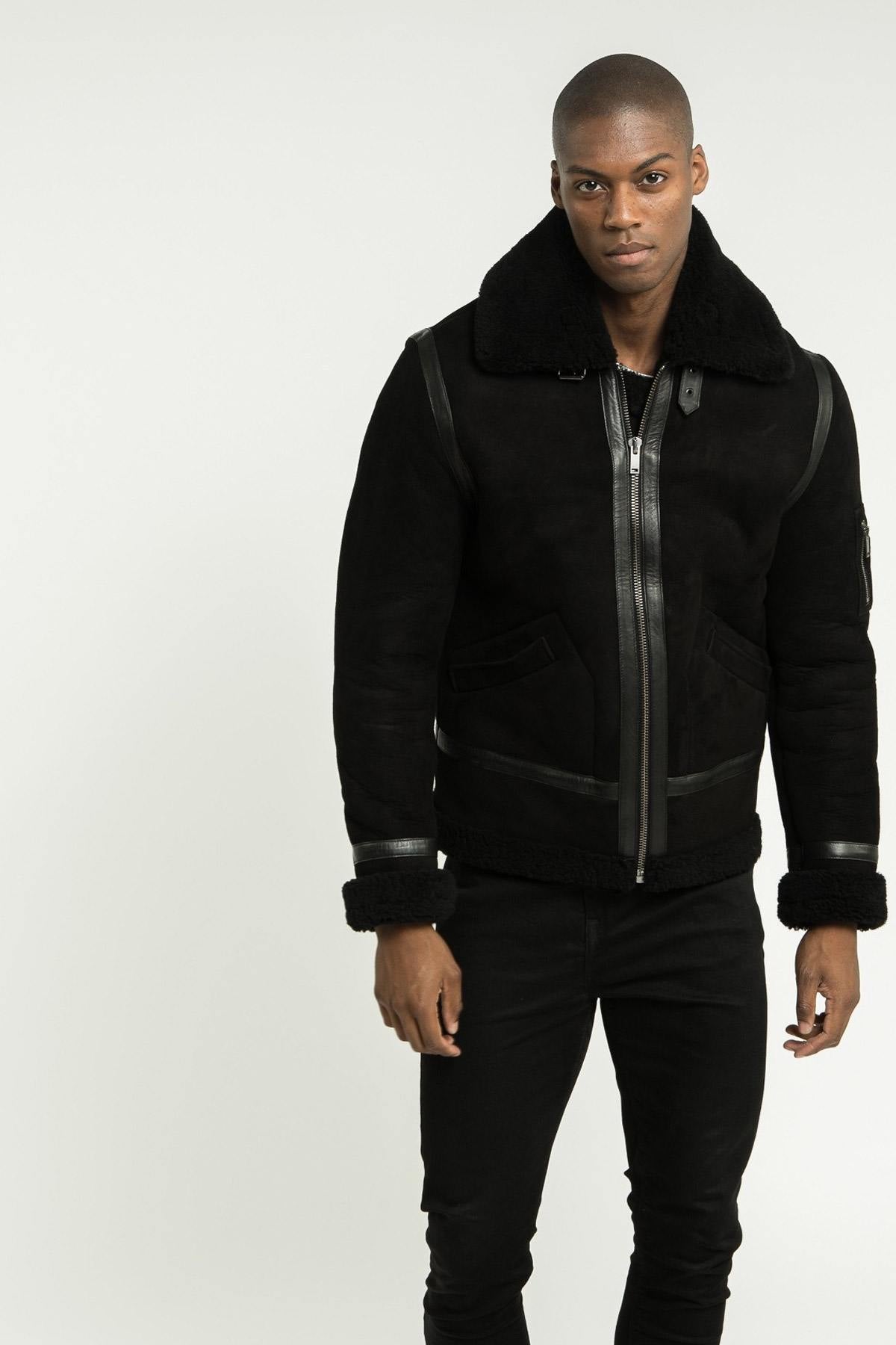 Black shearling bomber jacket - Image n°1