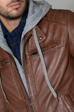 Leather jacket with facing and hood - Image n°5