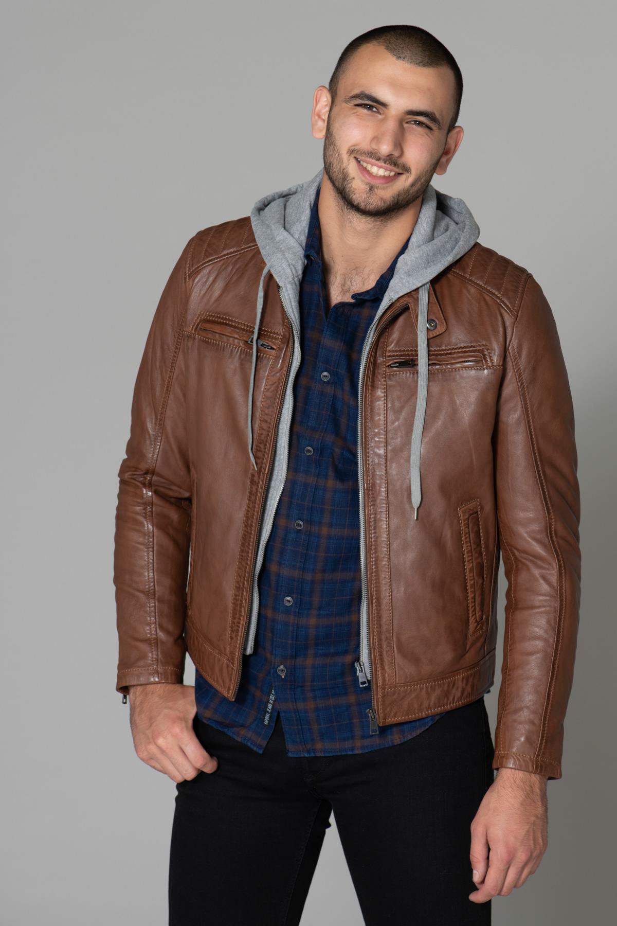 Leather jacket with facing and hood - Image n°3