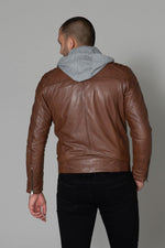 Leather jacket with facing and hood - Image n°7