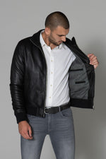 Black sheepskin leather jacket with stand-up collar - Image n°4