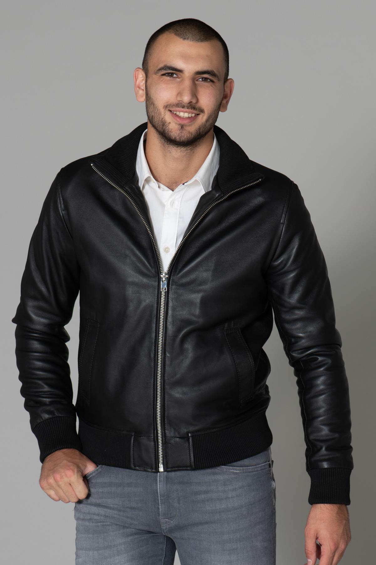 Black sheepskin leather jacket with stand-up collar - Image n°5
