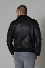 Black sheepskin leather jacket with stand-up collar - Image n°6