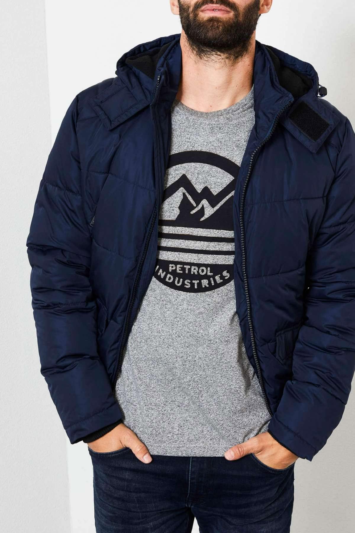 Navy blue hooded down jacket - Image n°1