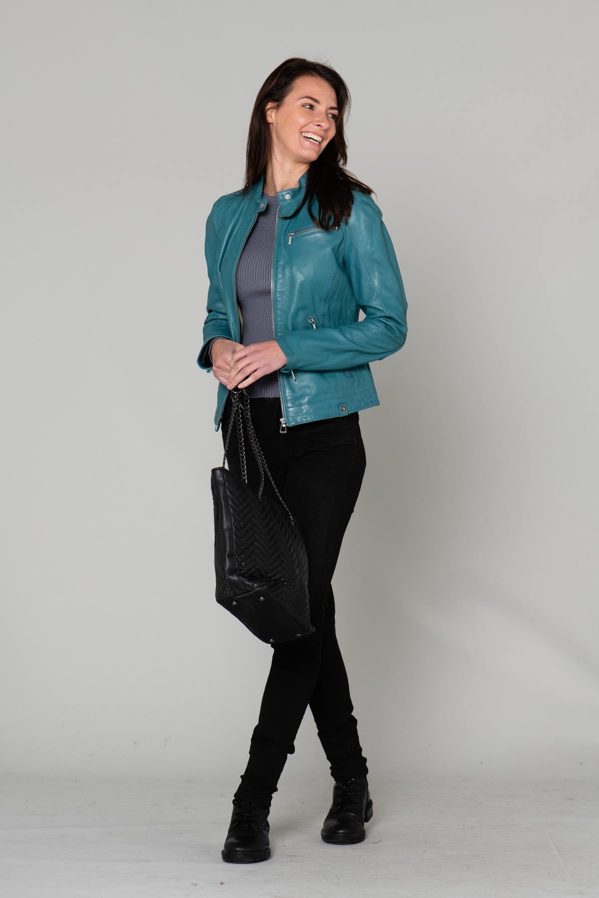 Turquoise blue leather jacket - Image n°2