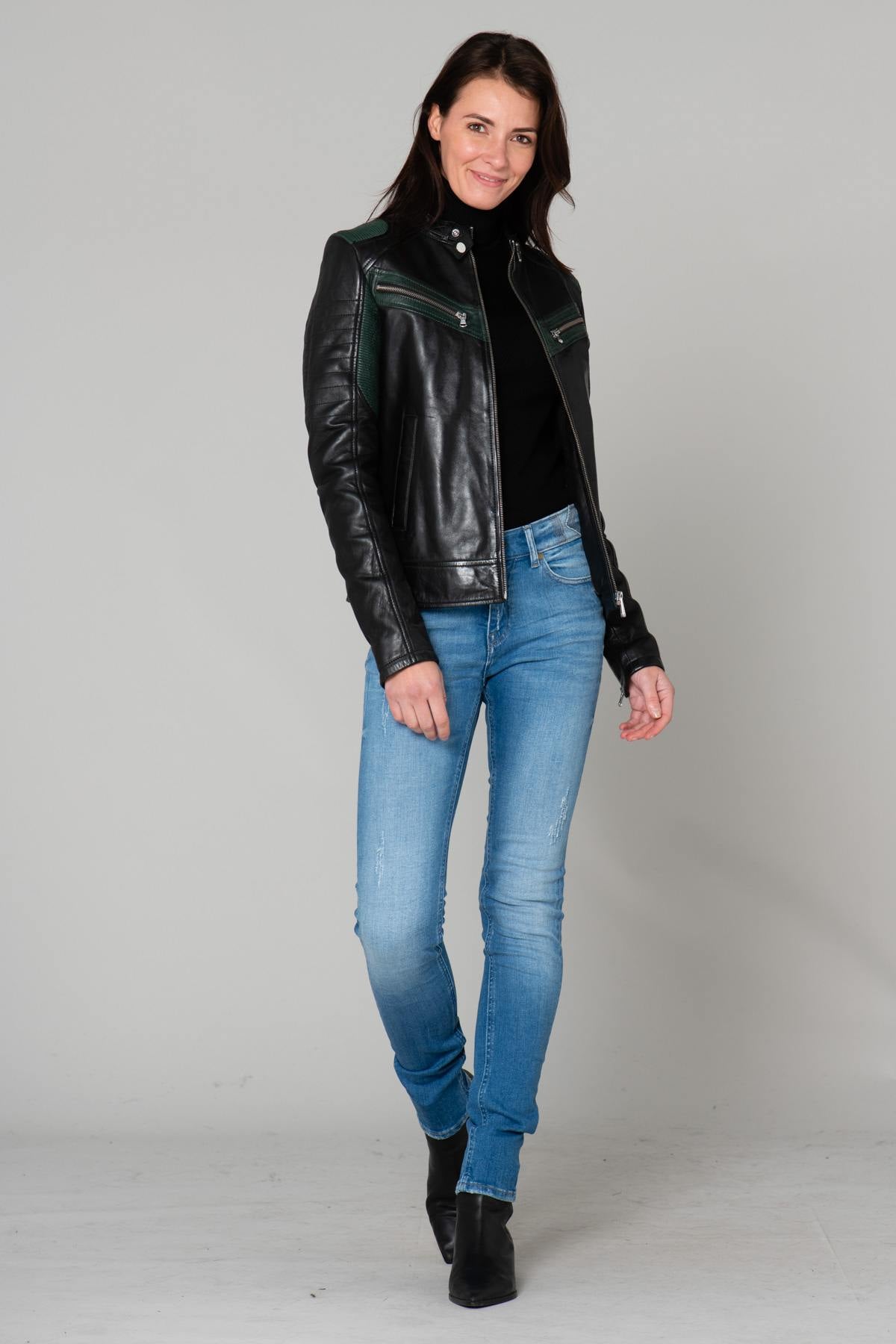 Women's green and black biker-style jacket - Image n°2