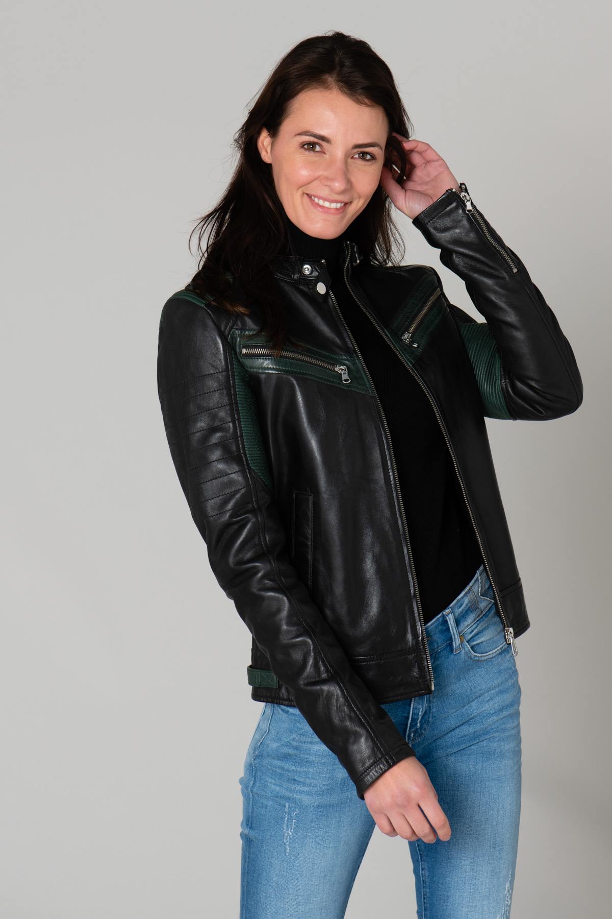 Women's green and black biker-style jacket - Image n°4