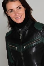 Women's green and black biker-style jacket - Image n°7