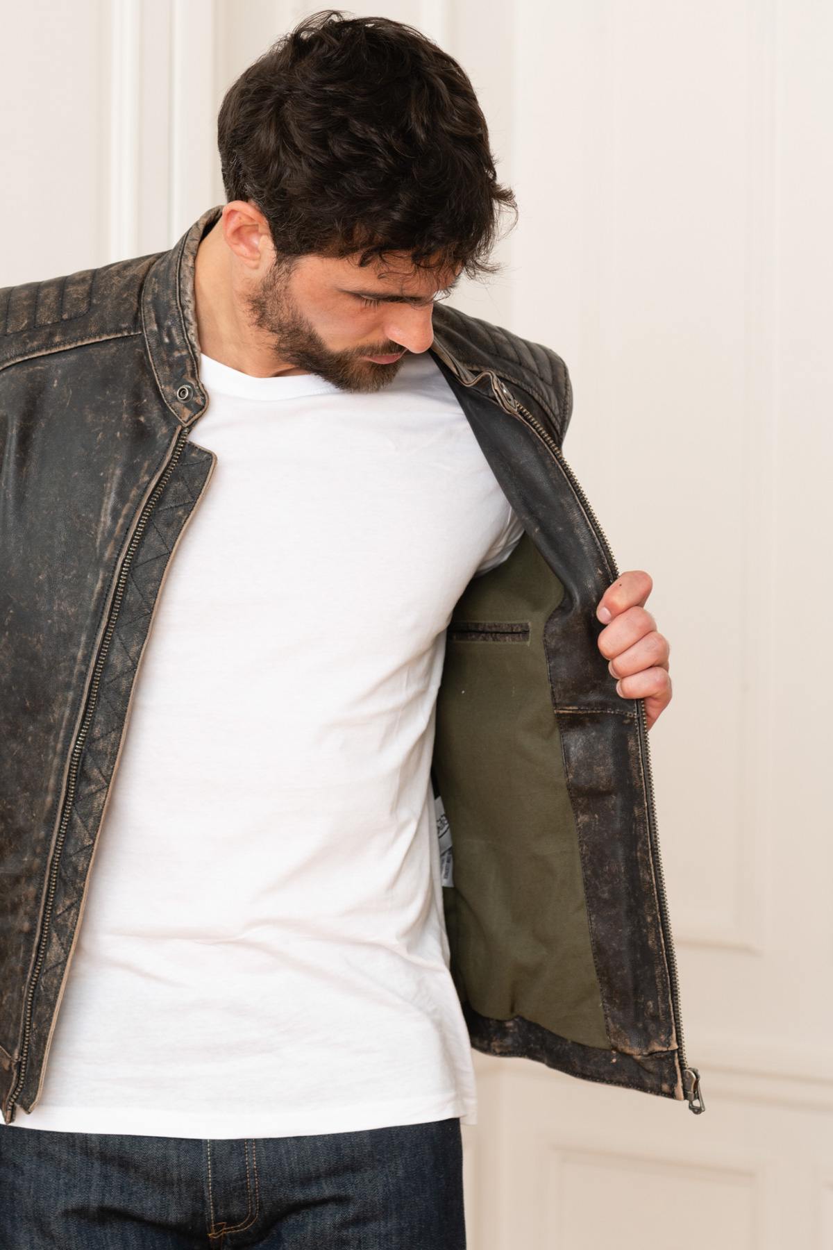 Vintage distressed leather biker jacket - Image n°6