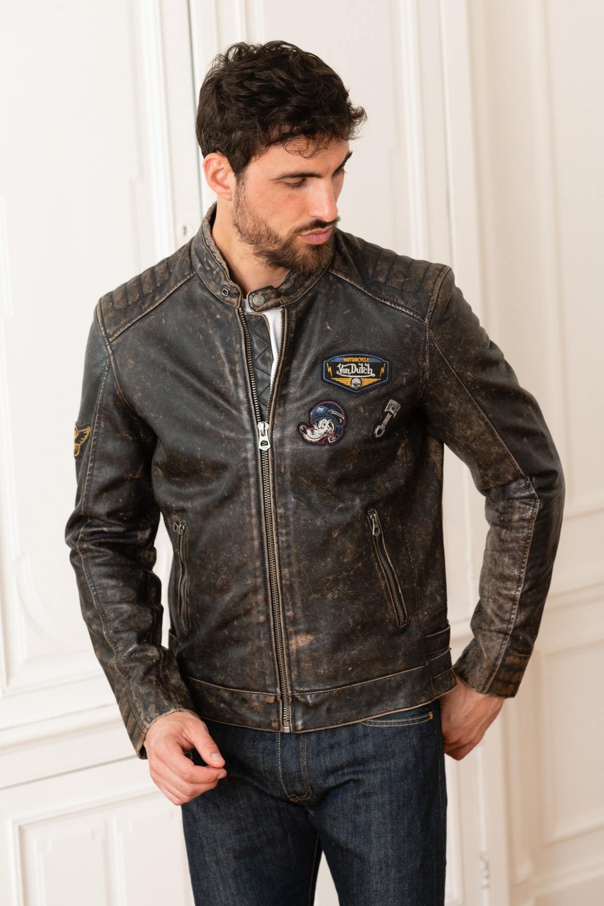 Vintage distressed leather biker jacket - Image n°1