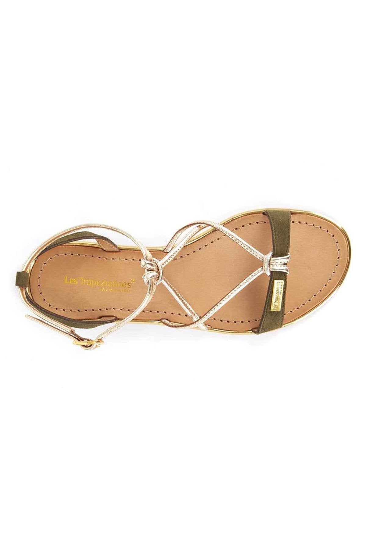 Gold and khaki leather flat sandals - Image n°2
