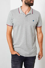 Heather gray polo shirt in stretch cotton - Image n°1