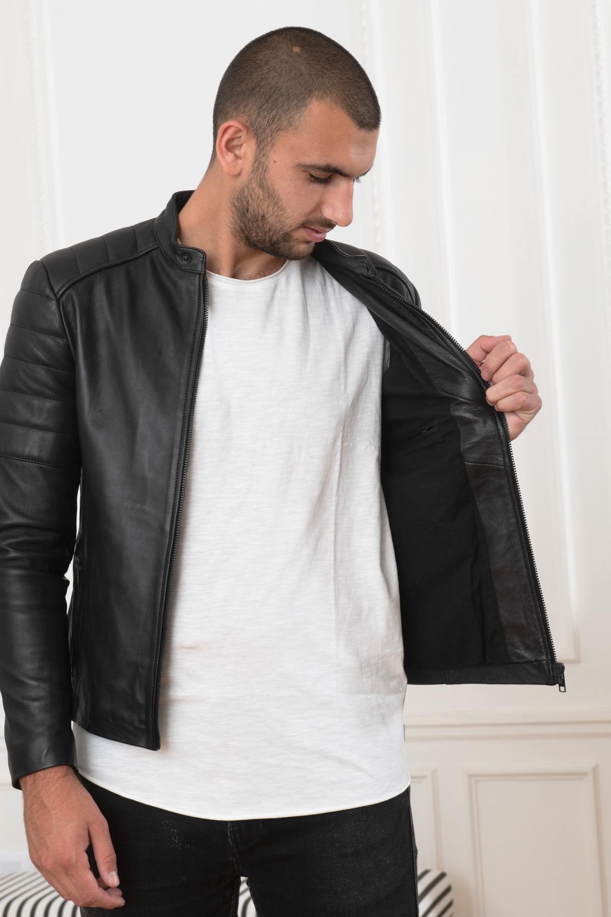 Biker-style fitted leather jacket - Image n°7