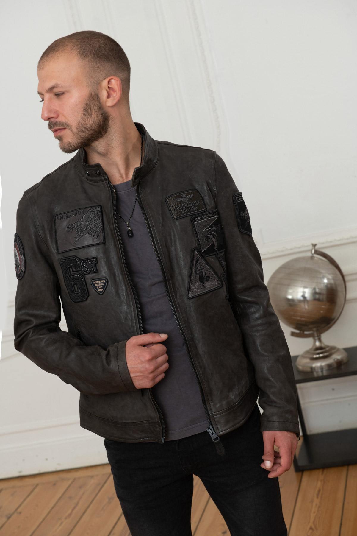 Patched military leather jacket - Image n°1