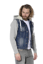 Hooded bi-material denim jacket - Image n°2
