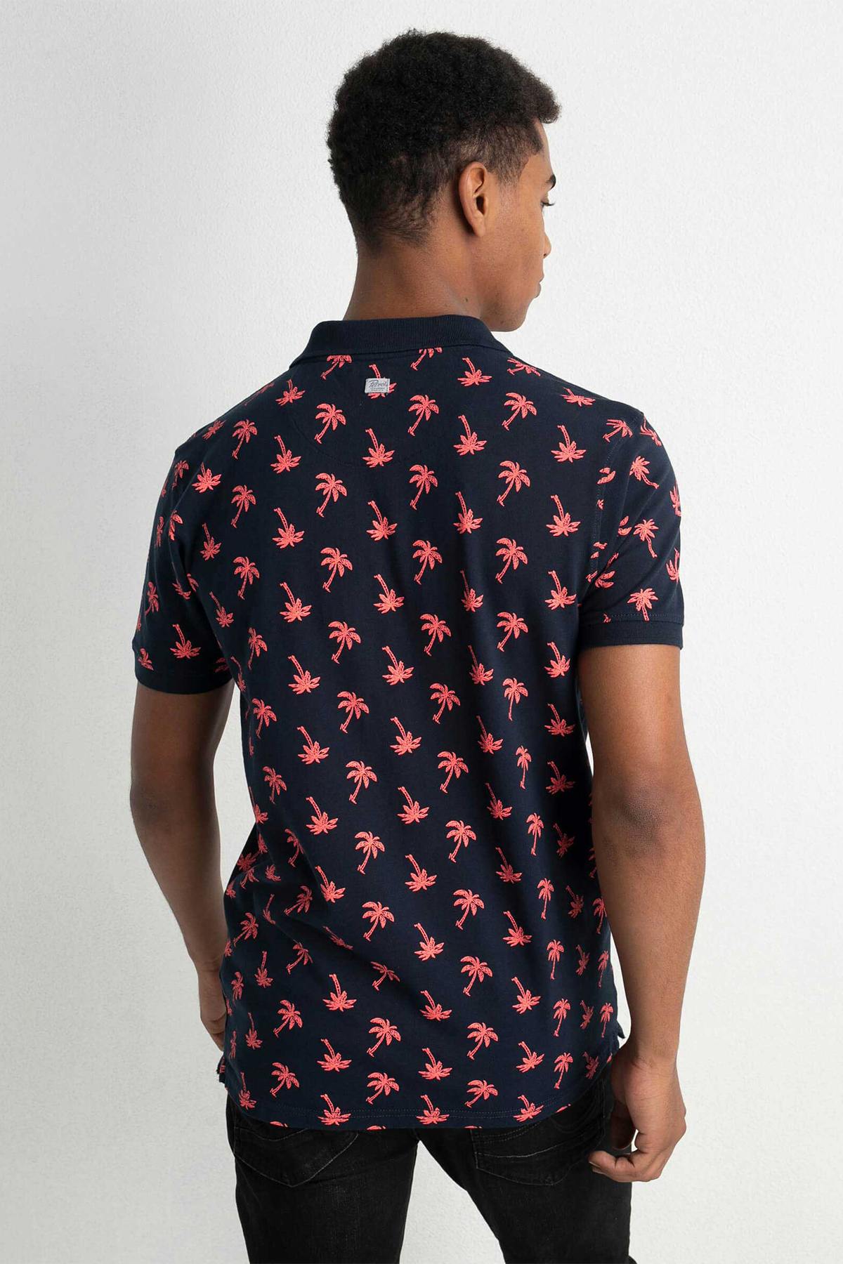 Men's navy blue all-over palm print polo shirt - Image n°2