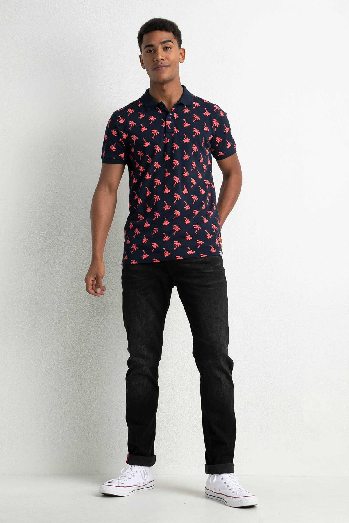 Men's navy blue all-over palm print polo shirt - Image n°3