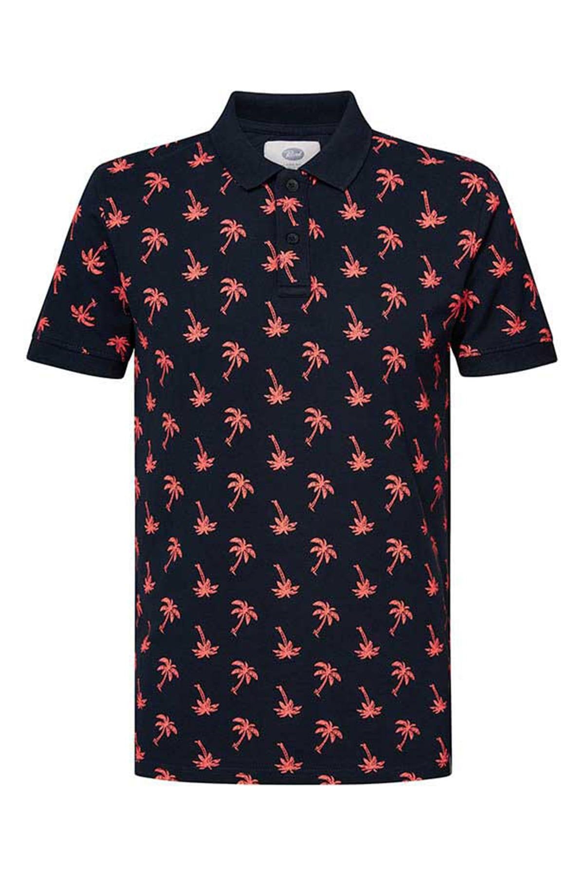 Men's navy blue all-over palm print polo shirt - Image n°5