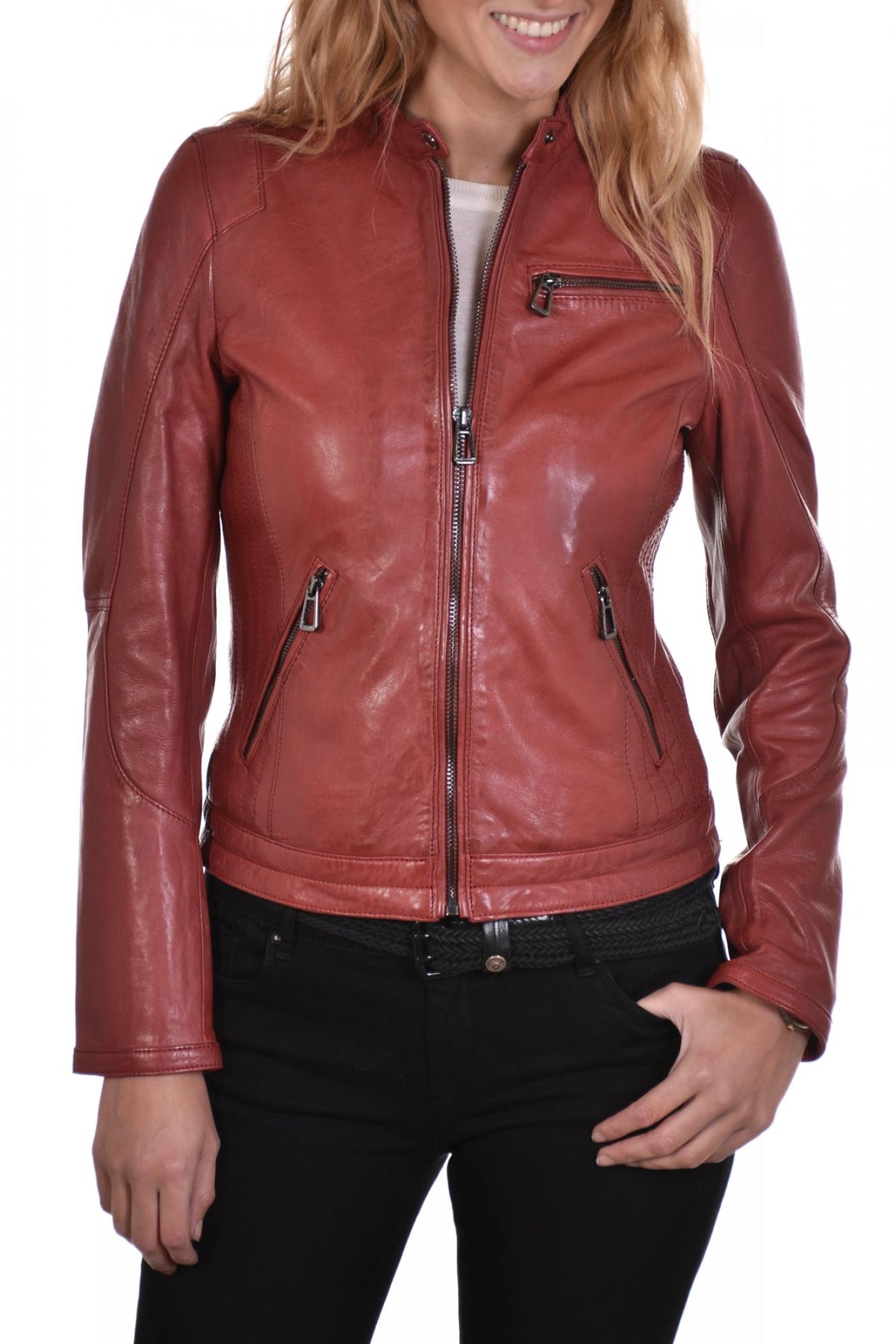 Dark red lambskin jacket, moto-inspired with a feminine touch. - Image n°1
