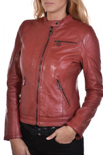 Dark red lambskin jacket, moto-inspired with a feminine touch. - Image n°3