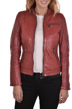 Dark red lambskin jacket, moto-inspired with a feminine touch. - Image n°5