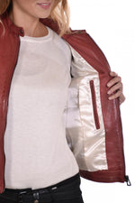 Dark red lambskin jacket, moto-inspired with a feminine touch. - Image n°6