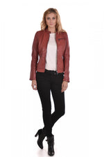 Dark red lambskin jacket, moto-inspired with a feminine touch. - Image n°2