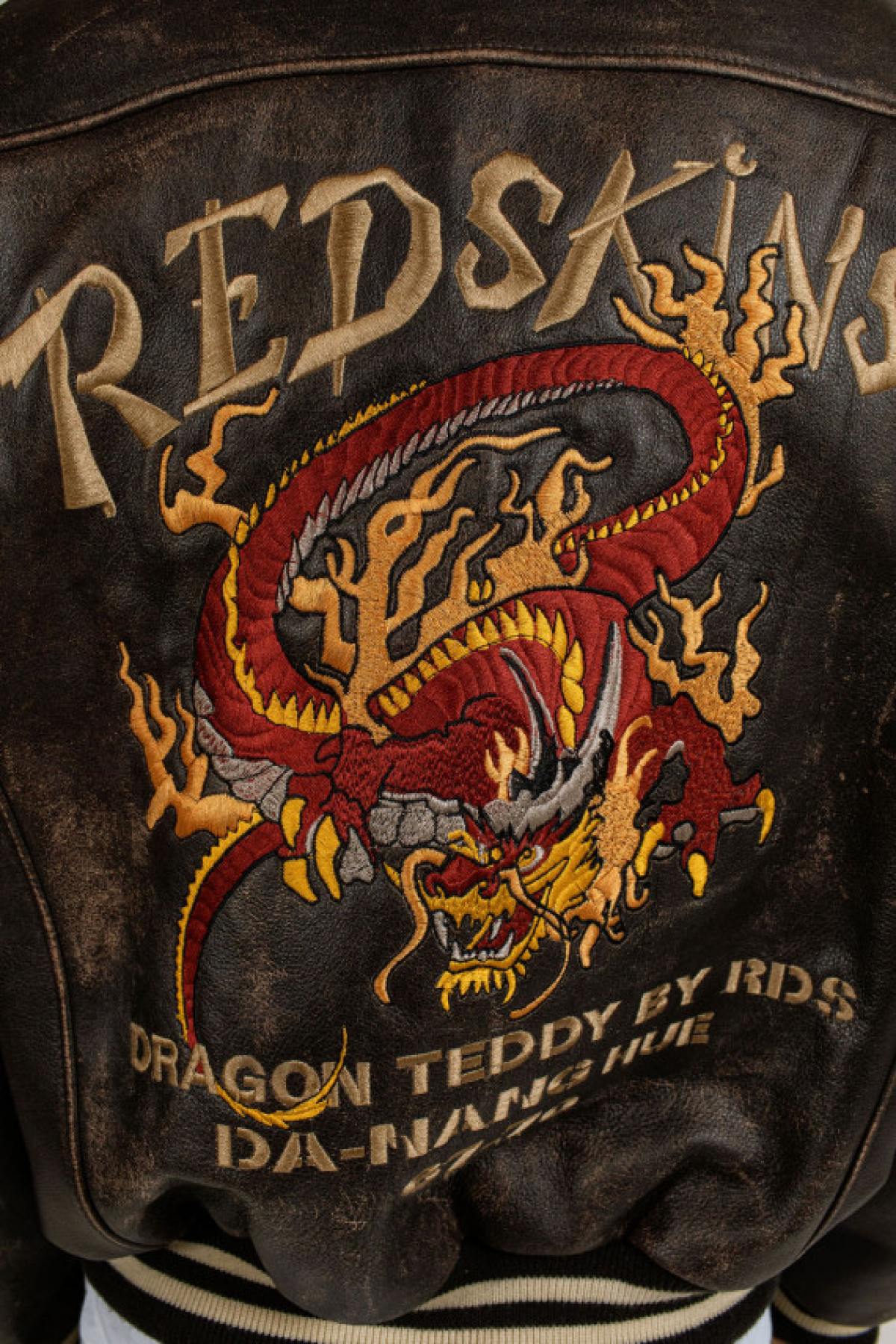 Aged brown vachetta leather jacket by Redskins, dragon embroidery. - Image n°6