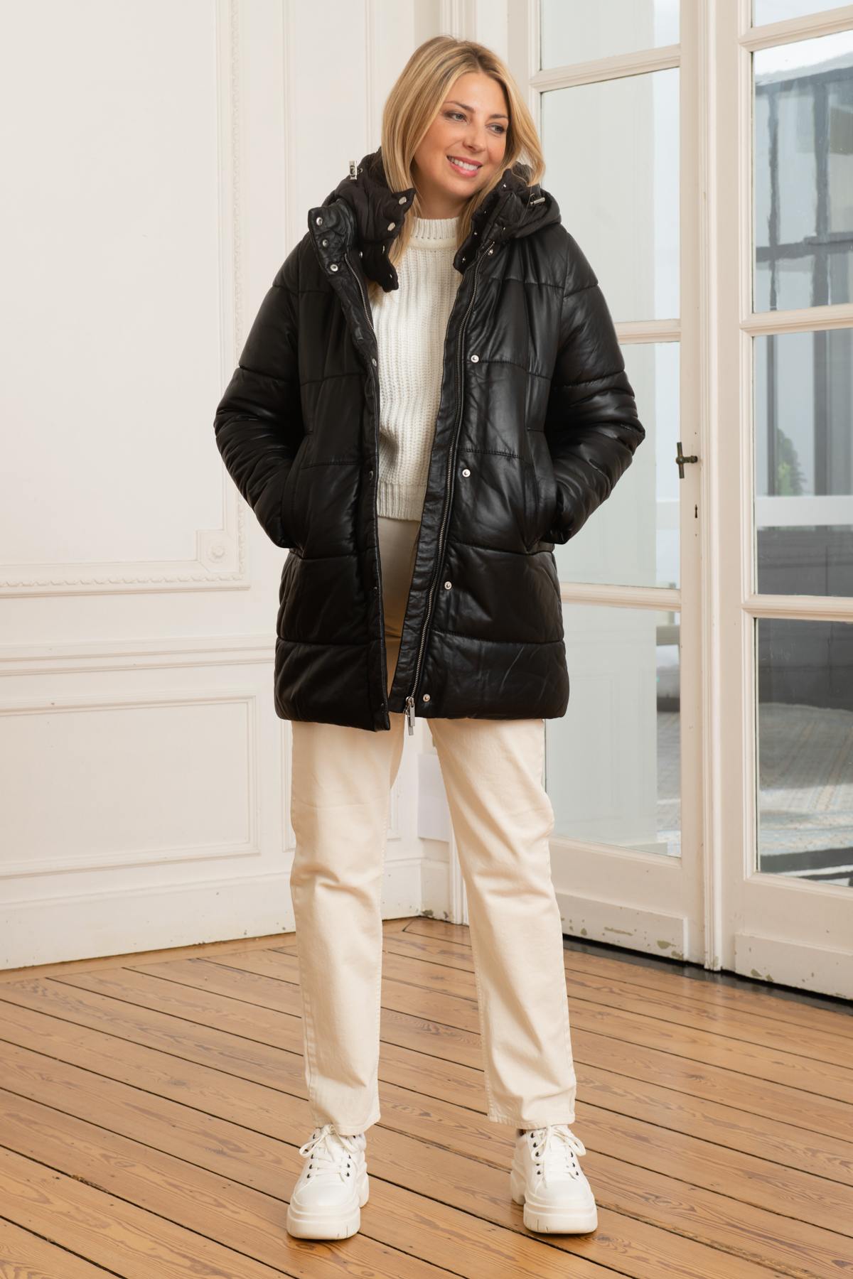 Oakwood's matte black sheepskin leather jacket with detachable hood. - Image n°2
