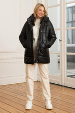 Oakwood's matte black sheepskin leather jacket with detachable hood. - Image n°2