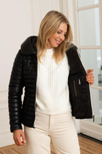 Quilted lambskin jacket in deep black, white zip and statement collar. - Image n°4